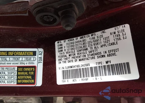 2014 Honda Cr-V Ex-L from USA, damaged, VIN 5J6RM3H78EL040969